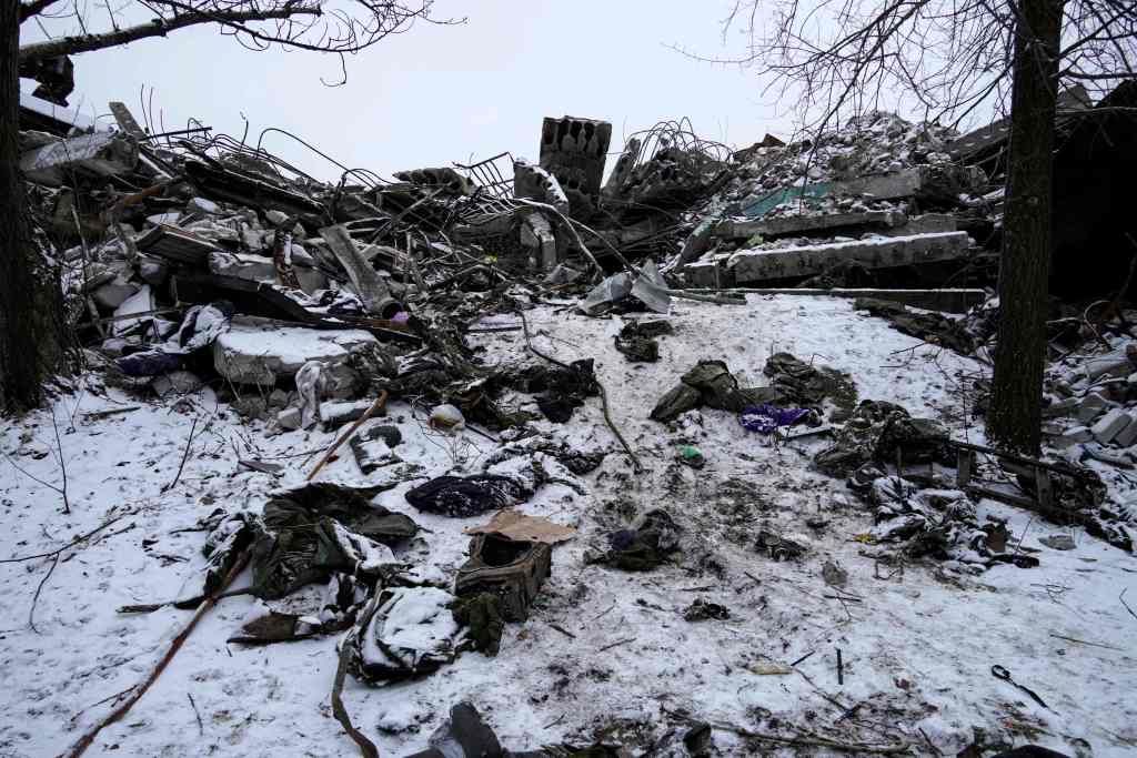 Debris of a vocational school, which was used as a temporary deployment center for Russian soldiers, is shown on Jan. 16, 2023.