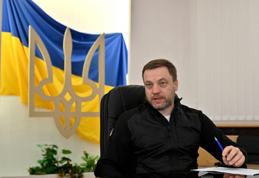 Ukraine's Interior Minister Denys Monastyrsky talks with journalists during an interview in Kyiv on June 9, 2022.
