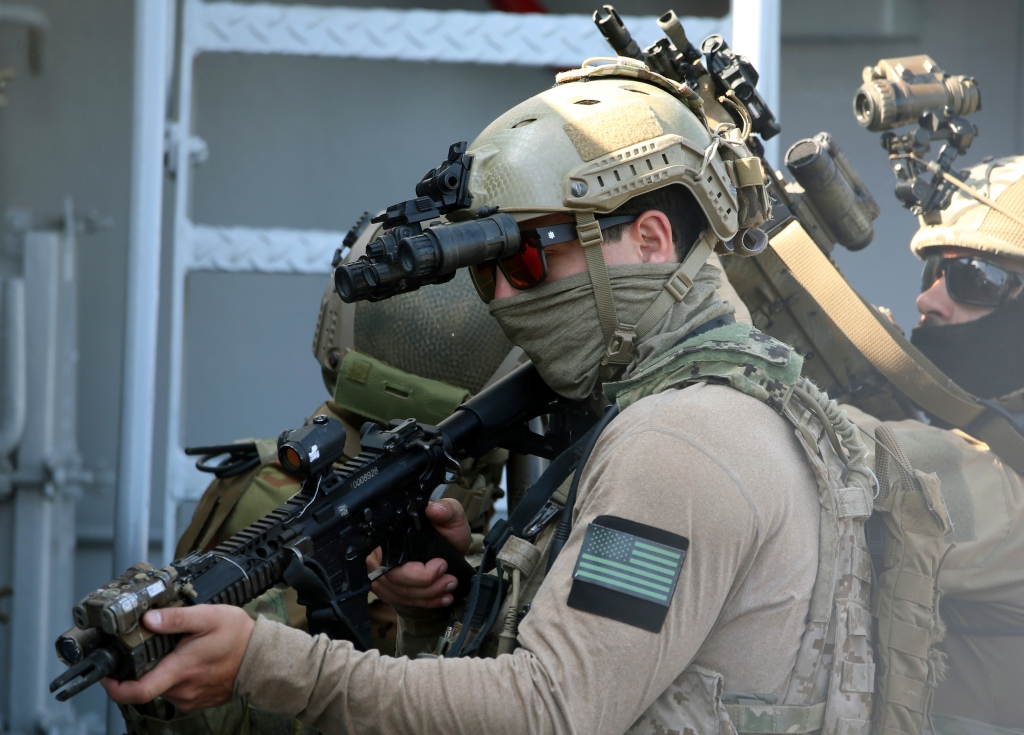 A U.S. Navy SEAL special forces operator, front, and colleagues during a joint U.S.-Cyprus military drill at Limassol port on Friday, Sept. 10, 2021. 
