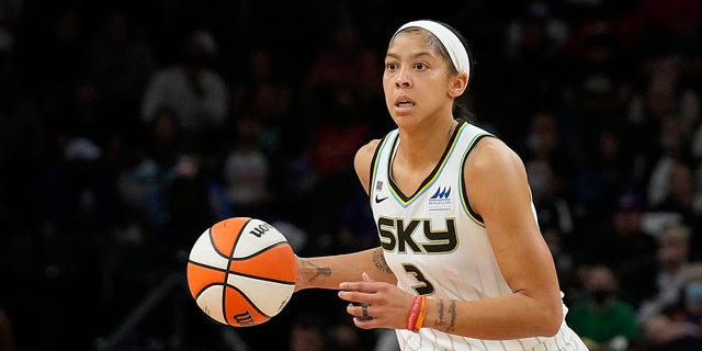 Chicago Sky center Candace Parker (3) moves the ball during the first half of Game 2 of the WNBA Finals against the Phoenix Mercury Oct. 13, 2021, in Phoenix.