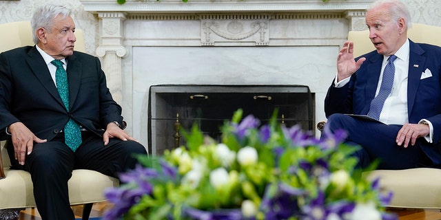 President Joe Biden with Mexican President Andrés Manuel López Obrador in the Oval Office of the White House in Washington, July 12, 2022. 