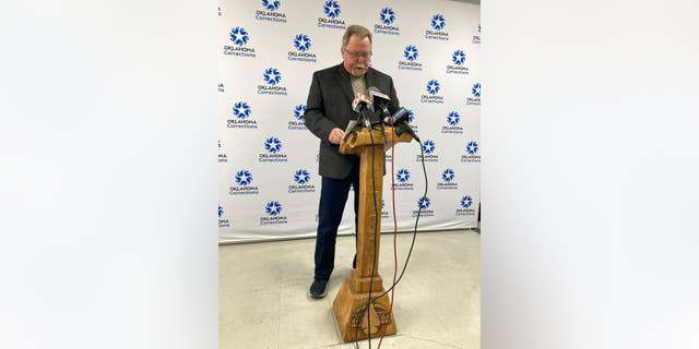 Johnny Melton, the nephew of slain couple A.J. And Patsy Cantrell, delivers a statement on behalf of the Cantrell family on Thursday, Jan. 12, 2023, at the Oklahoma State Penitentiary in McAlester, Okla., after witnessing the execution of Scott Eizember. 