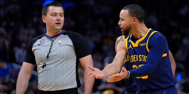 Golden State Warriors guard Stephen Curry reacts after being charged with a technical foul during the Memphis Grizzlies game in San Francisco, Wednesday, Jan. 25, 2023. Curry was ejected.