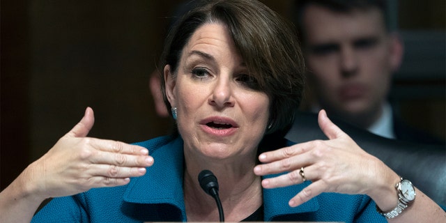 Sen. Amy Klobuchar, D-Minn., speaks during a Senate Judiciary Committee hearing on Capitol Hill in Washington, D.C., on May 1, 2019.