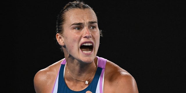 Belarus' Aryna Sabalenka reacts after scoring a point against Kazakhstan's Elena Rybakina during the women's singles final. 