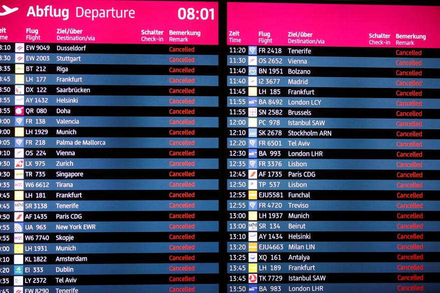 Departure panel shows canceled flights during a general strike by employees over pay demands at the Berlin Brandenburg Airport (BER), in Schoenefeld near Berlin, Germany on Jan. 25, 2023.