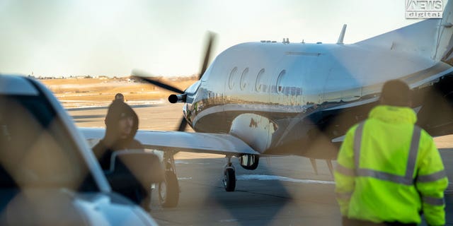 General views of the Pennsylvania State Police plane in Rapid City, South Dakota as it makes a refueling stop on Wednesday, January 4, 2023.