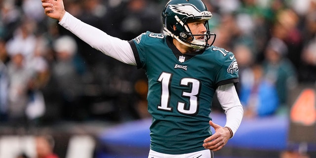 Philadelphia Eagles punter Brett Kern reacts to a punt during the first half of the NFC Championship NFL football game between the Philadelphia Eagles and the San Francisco 49ers on Sunday, Jan. 29, 2023, in Philadelphia.