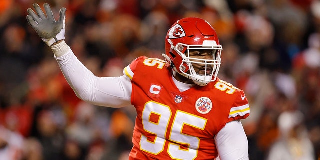 Chris Jones, #95 of the Kansas City Chiefs, reacts after sacking Joe Burrow, #9 of the Cincinnati Bengals, during the fourth quarter in the AFC Championship Game at GEHA Field at Arrowhead Stadium on Jan. 29, 2023 in Kansas City, Missouri.