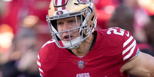 San Francisco 49ers running back Christian McCaffrey warms up before the NFC divisional round playoff game against the Dallas Cowboys at Levi's Stadium, Jan. 22, 2023, in Santa Clara, California.