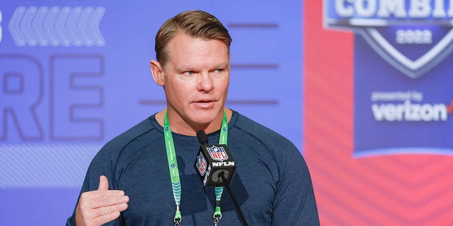 Chris Ballard, general manager of the Indianapolis Colts speaks to reporters during the NFL Draft Combine at the Indiana Convention Center on March 1, 2022 in Indianapolis, Indiana. 