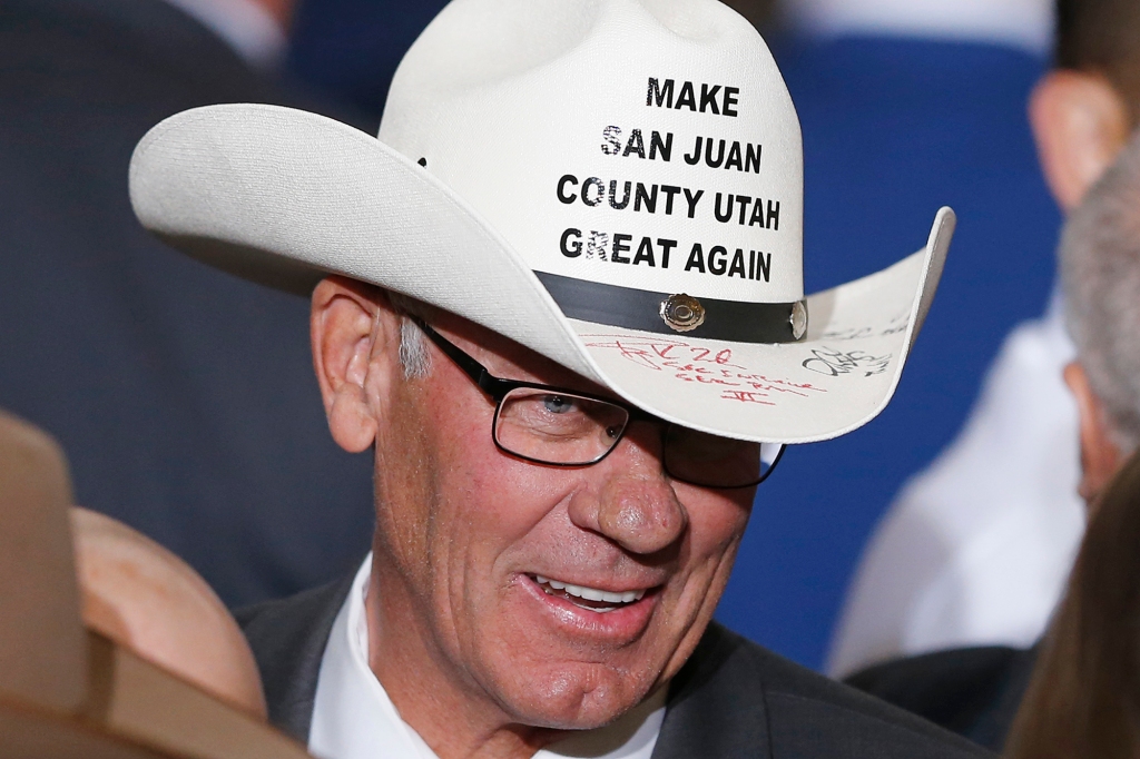 Utah lawmaker Bruce Adams in a "Make San Juan County Utah Great Again" cowboy hat.