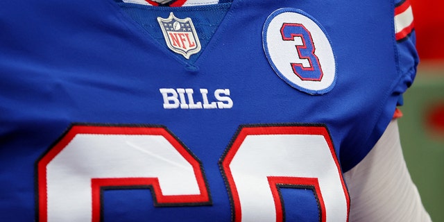 A player wears a patch in support of Buffalo Bills safety Damar Hamlin at Highmark Stadium on Jan. 8, 2023.
