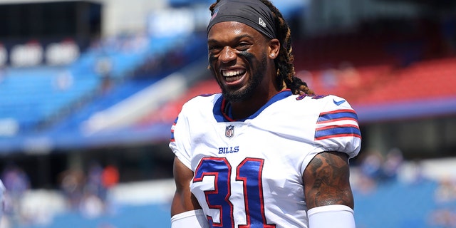 FILE - Buffalo Bills safety Damar Hamlin smiles prior to the start of the first half of a preseason NFL football game, Saturday, Aug. 28, 2021, in Orchard Park, N.Y.