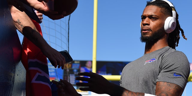 Buffalo Bills safety Damar Hamlin, #3, signs autographs prior to the game against the Washington Football Team at Highmark Stadium Sept. 26, 2021 in Orchard Park, New York.