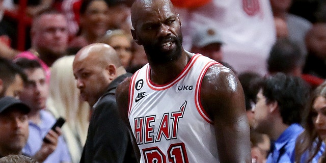 Dewayne Dedmon, #21 of the Miami Heat, reacts as he is ejected from the game during the second quarter against the Oklahoma City Thunder at FTX Arena on Jan. 10, 2023 in Miami.