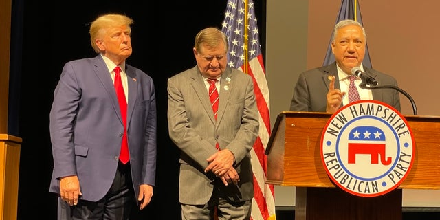 Former President Donald Trump (left), after giving the headline address at the New Hampshire GOP annual meeting, in Salem, New Hampshire on Jan. 28, 2023. Trump is joined by outgoing NHGOP chair Steve Stepanek (center), who is joining Trump's campaign as a senior adviser in New Hampshire, and by RNC committee member Chris Ager (right), who is succeeding Stepanek as chair