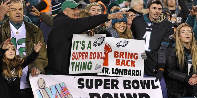 Jan 29, 2023; Philadelphia, Pennsylvania, USA; Philadelphia Eagles fans celebrate after win against the San Francisco 49ers in the NFC Championship game at Lincoln Financial Field.