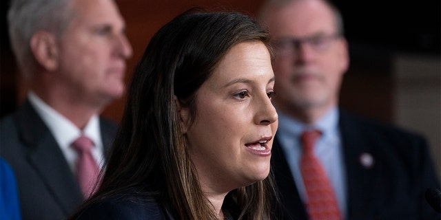 Republican conference chair Rep. Elise Stefanik, R-N.Y., speaks with reporters during a news conference on Capitol Hill, Nov. 3, 2021.