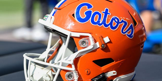 A Florida Gators helmet sits on the sideline at Kyle Field on Nov. 5, 2022, in College Station, Texas.