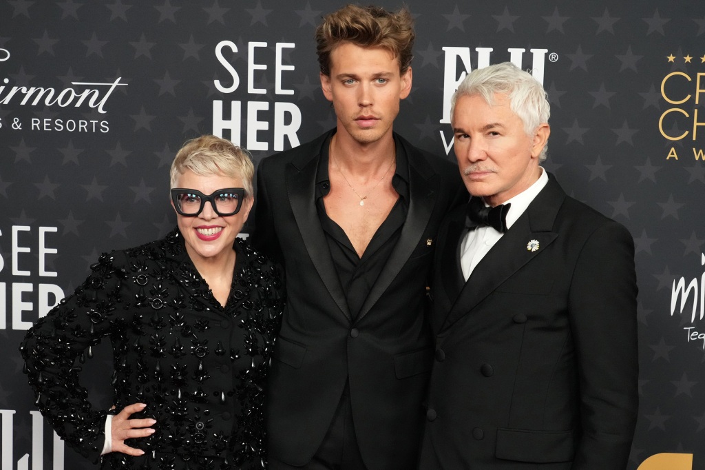 Catherine Martin, Austin Butler, and Baz Luhrmann attend the 28th Annual Critics Choice Awards at Fairmont Century Plaza on January 15, 2023 in Los Angeles, California.