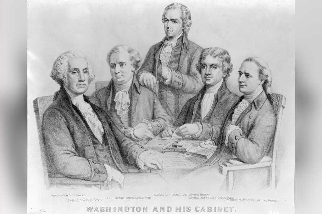 An illustration of first president George Washington and his cabinet.