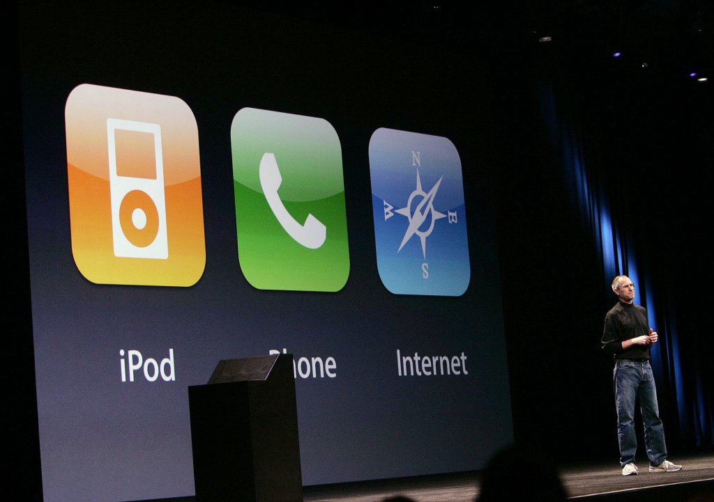 Steve Jobs demonstrates the main functions of the new iPhone during his keynote speech at Macworld held at the Moscone Center in San Francisco on Jan. 1, 2007. 