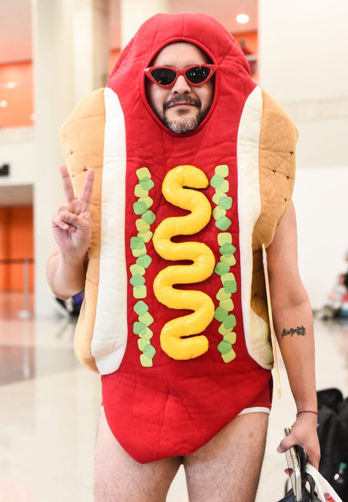 A cosplayer poses as a hot dog during New York Comic Con 2019.