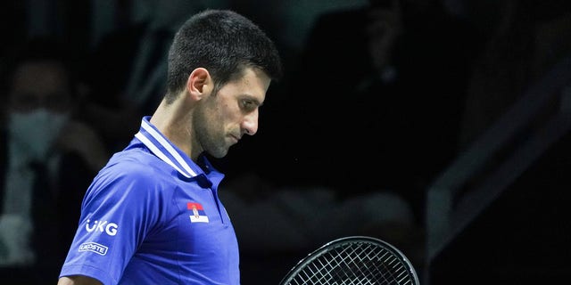 Novak Djokovic of Serbia in action during the Davis Cup Finals 2021, Semifinal 1, tennis match played between Croatia and Serbia at Madrid Arena pabilion on December 03, 2021, in Madrid, Spain.  