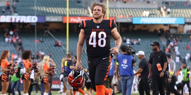 Cincinnati Bengals long snapper Cal Adomitis, #48, walks off the field after the game against the Carolina Panthers and the Cincinnati Bengals on Nov. 6, 2022, at Paycor Stadium in Cincinnati.