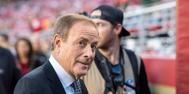 NBC commentator Al Michaels on the field during an NFL game between the San Francisco 49ers and Green Bay Packers in Santa Clara, Calif., Sunday, Nov. 24, 2019.  