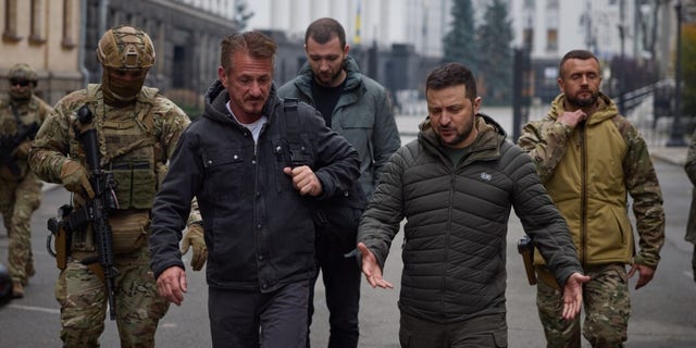 Hollywood actor and film director Sean Penn meets Ukrainian President Volodymyr Zelenskyy before he hands over his own Oscar statue to the Ukrainian president in Kyiv, Ukraine on Nov. 8, 2022. 