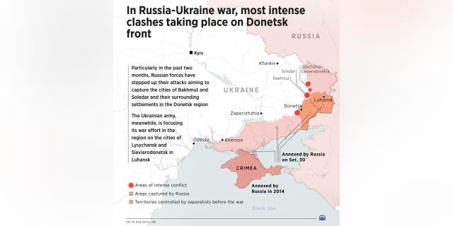 An infographic titled "In Russia-Ukraine war, most intense clashes taking place on Donetsk front" in Ankara, Turkiye on Dec. 16, 2022.