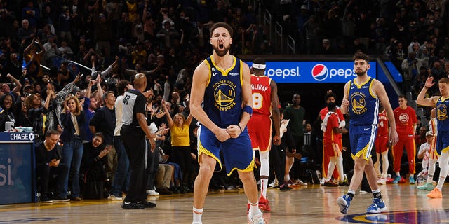 Klay Thompson of the Golden State Warriors celebrates during the game against the Hawks on Jan. 2, 2023, in San Francisco, California.