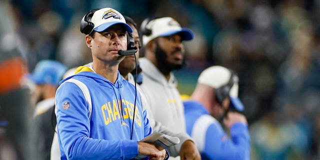 Los Angeles Chargers head coach Brandon Staley looks on during the game between the Los Angeles Chargers and the Jacksonville Jaguars on January 14, 2023 at TIAA Bank Field in Jacksonville, Fl.