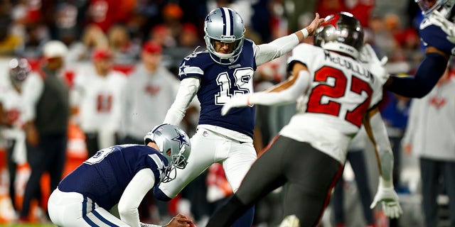 Brett Maher (19) of the Dallas Cowboys misses an extra point during the first quarter of a wild-card game against the Tampa Bay Buccaneers at Raymond James Stadium Jan. 16, 2023, in Tampa, Fla. 