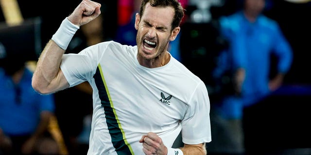 Andy Murray celebrates his first-round victory at the Australian Open on Jan. 17 2023, in Melbourne.