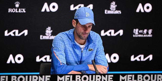 Serbia's Novak Djokovic gives a press conference after his victory against Tommy Paul of the US after their men's singles semi-final match on day twelve of the Australian Open tennis tournament in Melbourne on Jan. 27, 2023. 