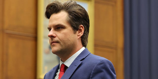 Rep. Matt Gaetz (R-FL) walks out of the committee room during a hearing with the House Armed Services Subcommittee on Cyber, Innovative Technologies, and Information System in the Rayburn House Office Building on May 14, 2021 in Washington, D.C.