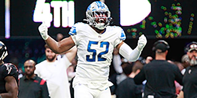 Jessie Lemonier of the Detroit Lions celebrates a fumble recovery against the Falcons at Mercedes-Benz Stadium on Dec. 26, 2021, in Atlanta.