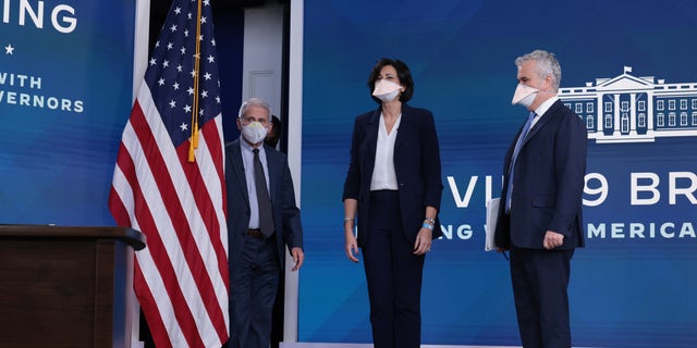 Dr. Anthony Fauci, director of the National Institute of Allergy and Infectious Diseases, left, Centers for Disease Control and Prevention Director Rochelle Walensky and White House COVID-19 Response Coordinator Jeffrey Zients are shown on Dec. 27, 2021, in Washington, D.C.