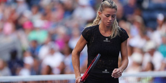 Camila Giorgi reacts after her loss to Madison Keys at the U.S. Open at USTA Billie Jean King National Tennis Center on Aug. 31, 2022, in New York City.