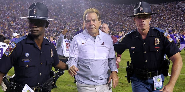 Head coach Nick Saban of the Alabama Crimson Tide leaves the field after a game against the LSU Tigers at Tiger Stadium Nov. 5, 2022, in Baton Rouge, La.