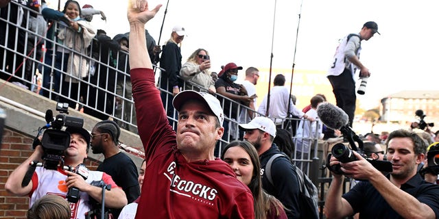 Head coach Shane Beamer of the South Carolina Gamecocks celebrates after defeating the Clemson Tigers at Memorial Stadium Nov. 26, 2022, in Clemson, S.C. 