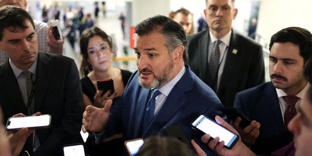 U.S. Sen. Ted Cruz (R-TX) speaks to reporters on his way to the Senate weekly policy luncheons, at the U.S. Capitol on December 6, 2022 in Washington, DC. 