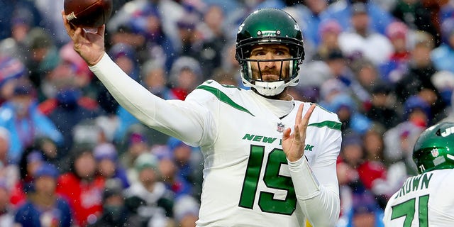 Joe Flacco of the New York Jets throws a pass in the second half of a game against the Buffalo Bills at Highmark Stadium Dec. 11, 2022, in Orchard Park, N.Y. 