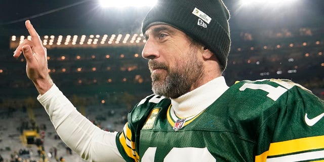 Aaron Rodgers, #12 of the Green Bay Packers, reacts after defeating the Los Angeles Rams 24-12 at Lambeau Field on Dec. 19, 2022 in Green Bay, Wisconsin. 