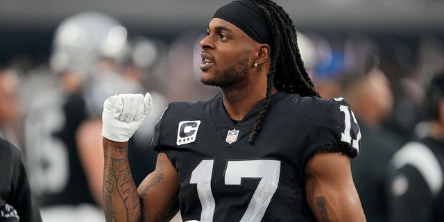 Davante Adams, #17 of the Las Vegas Raiders, reacts against the San Francisco 49ers during the third quarter at Allegiant Stadium on January 1, 2023 in Las Vegas, Nevada. 