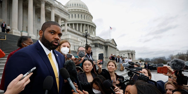 WASHINGTON, DC - JANUARY 04: U.S. Rep.-elect Byron Donalds (R-FL) speaks to the media during the second day of elections for Speaker of the House outside the U.S. Capitol Building on January 04, 2023, in Washington, DC. 