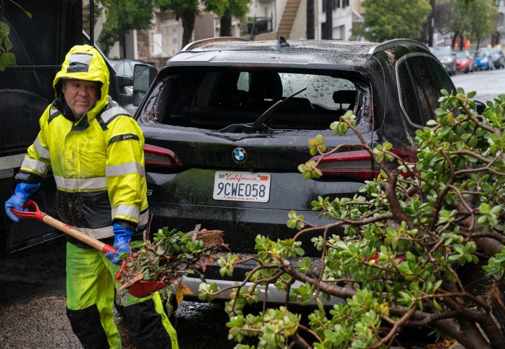 Crews in San Francisco clean up trees that toppled down during the storm, causing damage to a BMW.